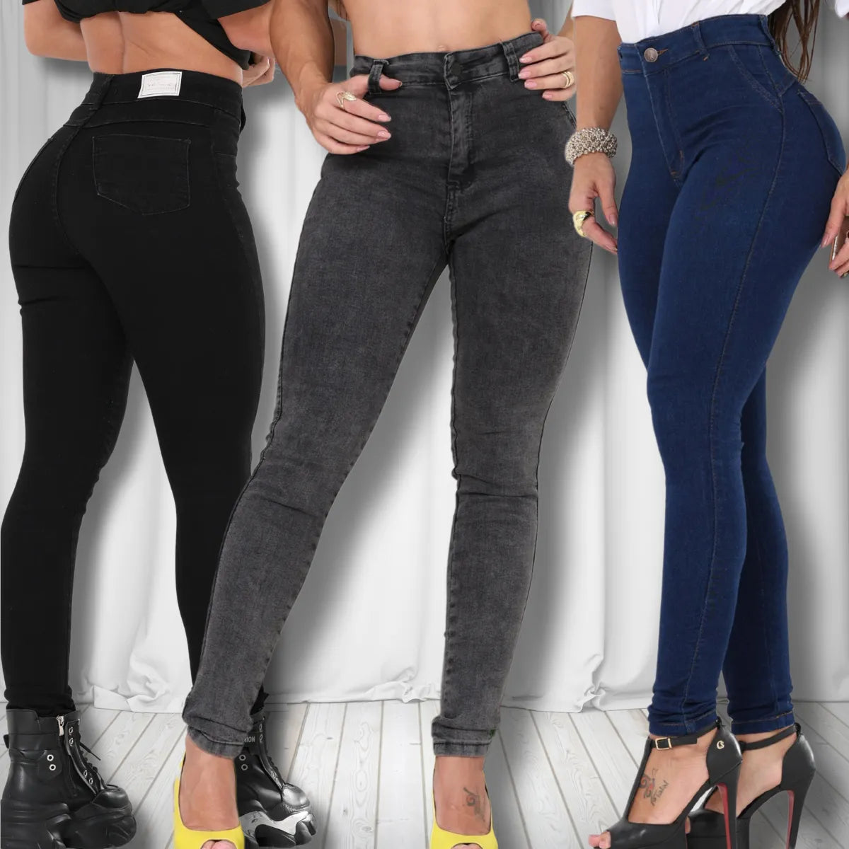 Kit 3 Calça Jeans Feminina Cintura Alta Skinny Premium